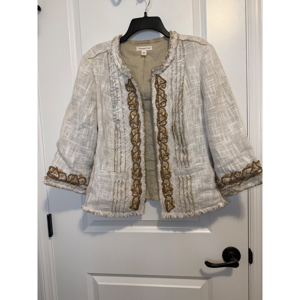 Coldwater Creek Jacket Womens 14 Cream Excellent Beaded Fringe‎ Linen Blend Boho